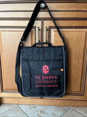 UNISEX St. John’s University Black Messenger Bag with Red Logo